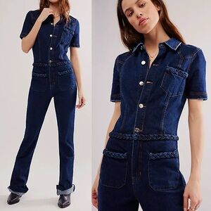 SEROYA Alice Jumpsuit Deep Sea Blue Denim Short Sleeve Flare Leg NEW XXL